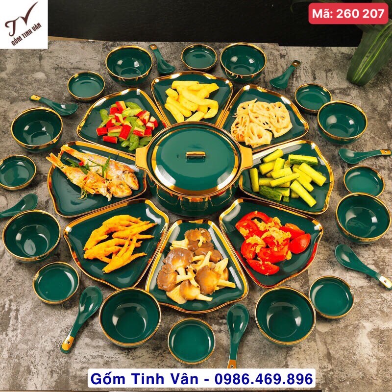 Trọn bộ 33 món chén đĩa hoa mặt trời lốc xoáy, mã 260207, men xanh ngọc lục bảo, viền vàng 24 k đẳng cấp, sang trọng, gồm 8 đĩa, 8 chén cơm, 8 chén chấm, 8 thìa cơm, 1 tô hoặc âu có nắp ở giữa, y hình (ko gồm muỗng canh), gốm tinh vân