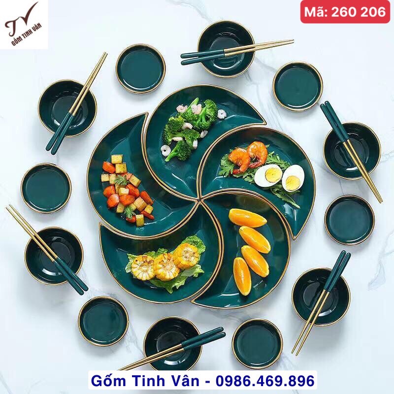 Trọn bộ chén đĩa hoa mặt trời lốc xoáy, mã 260206, men xanh ngọc lục bảo, viền vàng 24 k đẳng cấp, sang trọng, gồm 5 đĩa, 6 chén cơm, 6 chén chấm, y hình (ko gồm đũa), gốm tinh vân