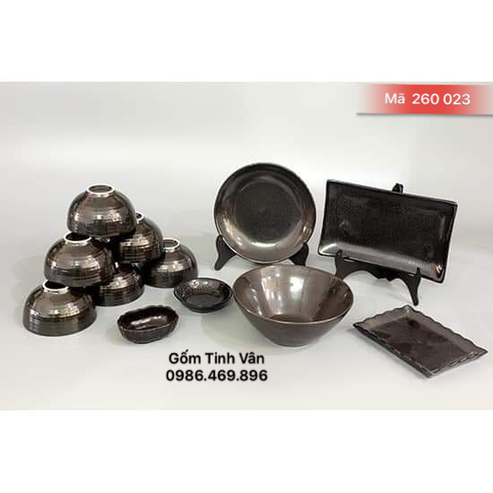 Trọn bộ đồ ăn, chén đĩa men đen bóng, giọt dầu mã 260023, gốm sứ bát tràng, tinh vân