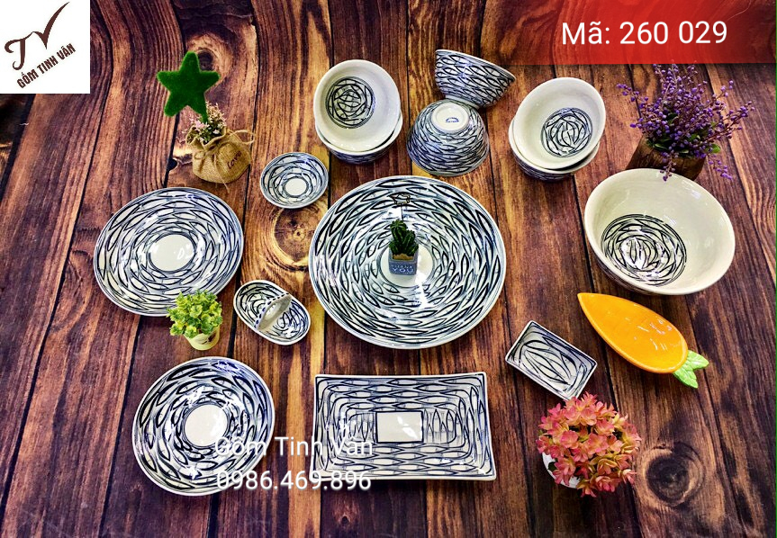 Trọn bộ đồ ăn vẽ cá đàn vẽ tay, mã 260029, siêu bền đẹp, dùng sang trọng trong nhà hàng và gia đình, nung 1200 độ C, an toàn sử dụng,  có thể dùng máy rửa chén và vi sóng, gốm bát tràng, tinh vân