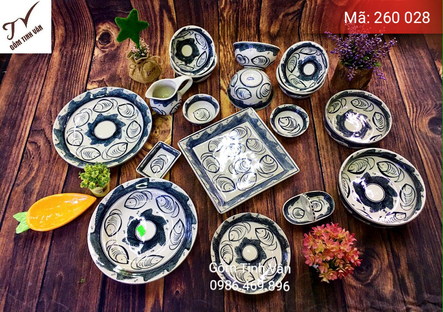 Trọn bộ đồ ăn vẽ cá sóng, mã 260028, siêu bền đẹp, dùng sang trọng trong nhà hàng và gia đình, nung 1200 độ C, an toàn sử dụng,  có thể dùng máy rửa chén và vi sóng, gốm bát tràng, tinh vân
