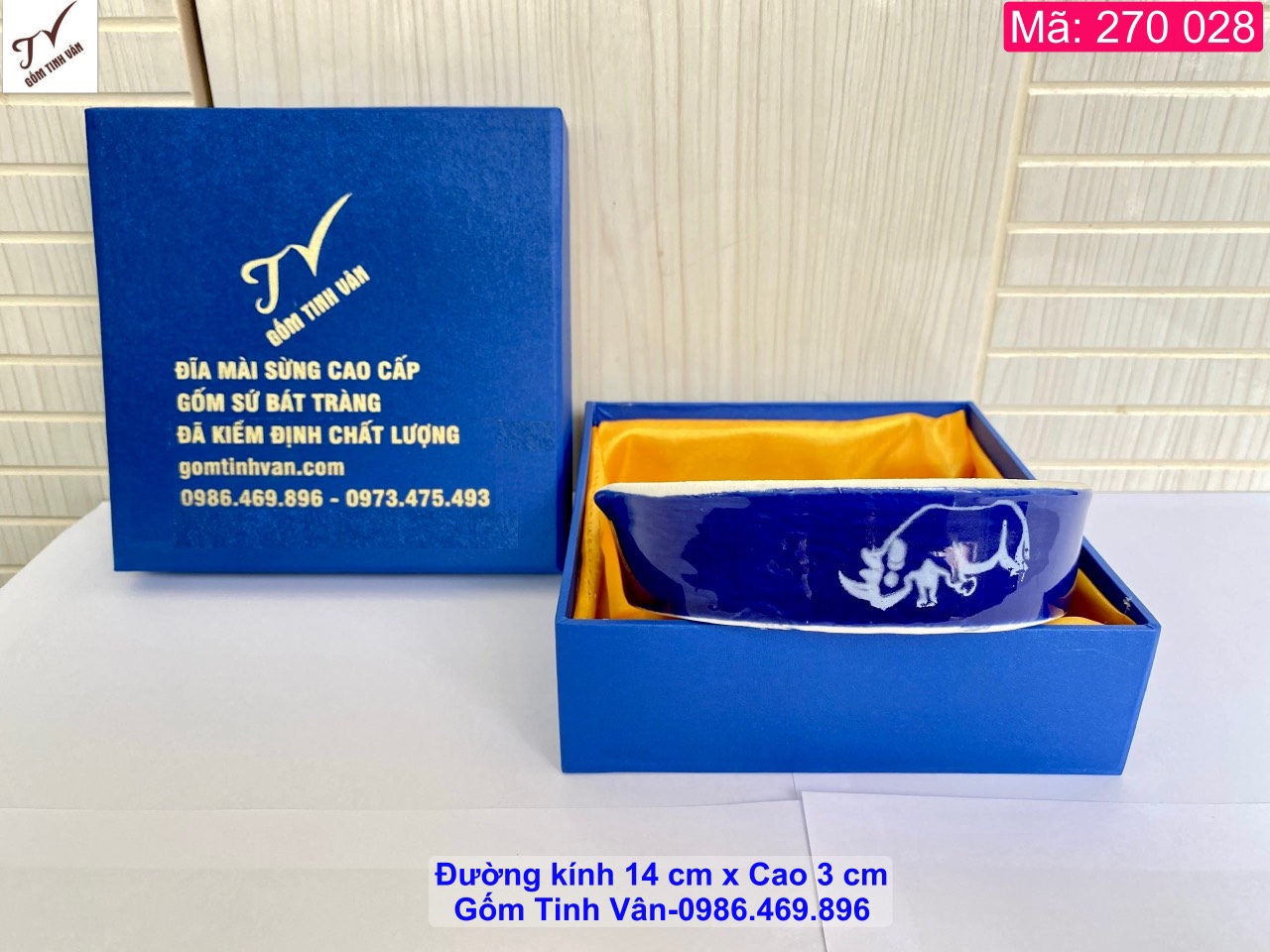 Đĩa mài sừng tê giác, mã 270028, đk 14-cao 3 cm, gốm sứ Bát Tràng cao cấp, gốm tinh vân