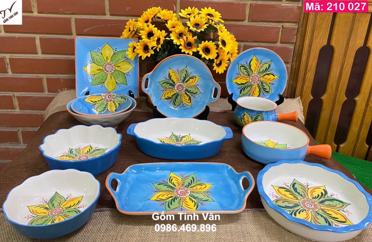 Bộ tô chén đĩa men xanh dương vẽ hoa văn, mã 210027, bộ đồ ăn gốm bát tràng