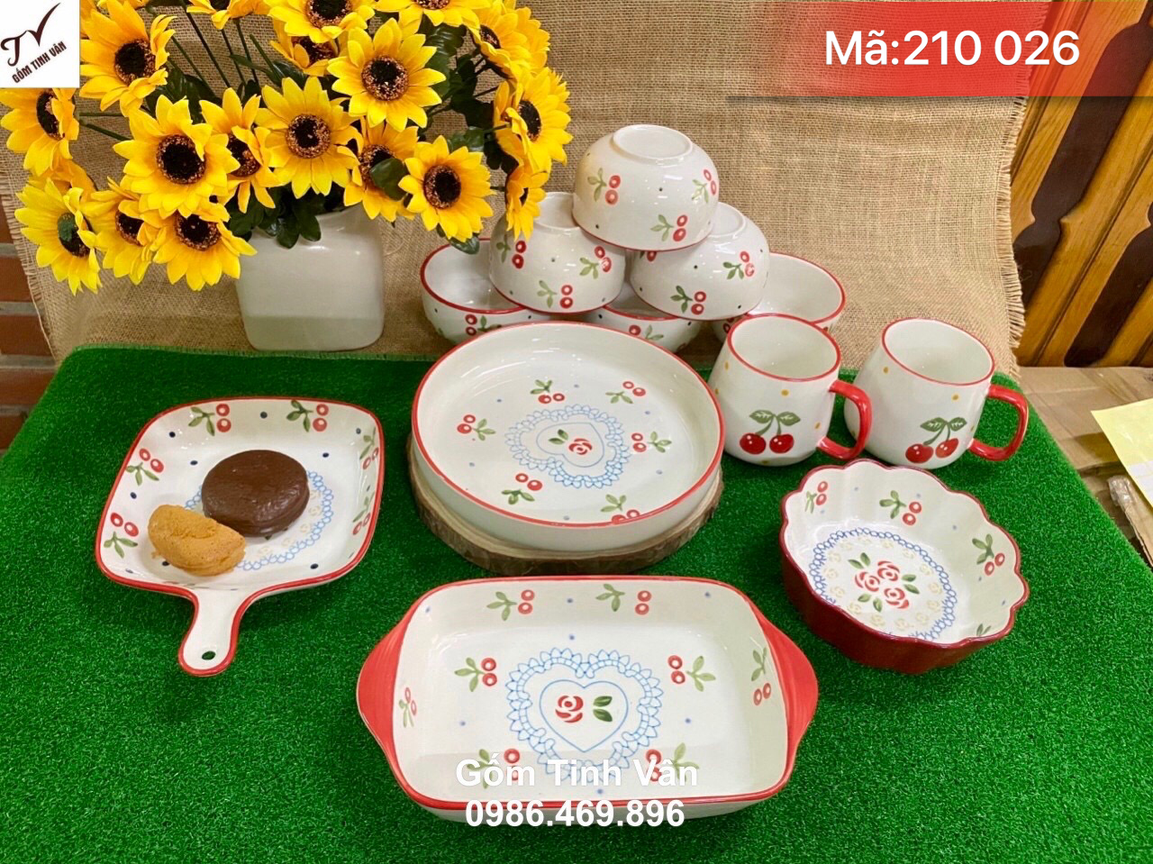 Bộ tô chén đĩa ly sứ cherry cute, mã 210026, men trắng, bộ đồ ăn gốm bát tràng tinh vân cao cấp