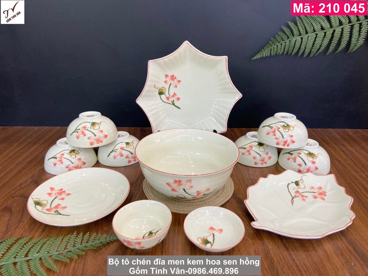 10 kiểu set up bộ bàn ăn, tô chén đĩa men kem hoa sen hồng, bát đĩa gia đình, nhà hàng, mã 210045, gốm sứ bát tràng tinh vân