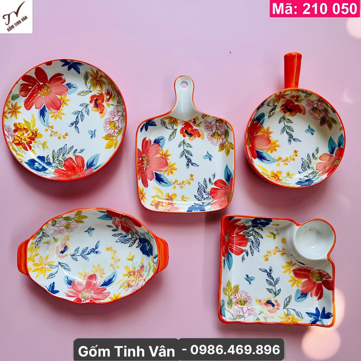 Bộ 5 đĩa tô gốm sứ men cam vẽ hoa văn, màu sắc tươi sáng, mã 210050, 2 đĩa tròn, 1 đĩa ovan, 2 đĩa vuông, gốm  tinh vân