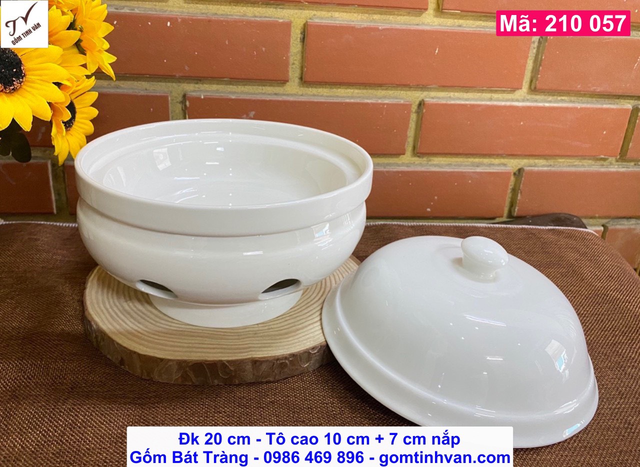 Bếp lẩu đốt cồn, men trắng, mã 210057, đk 20 cm, cao 10 cm + 7 cm nắp, gốm sứ bát tràng tinh vân cao cấp