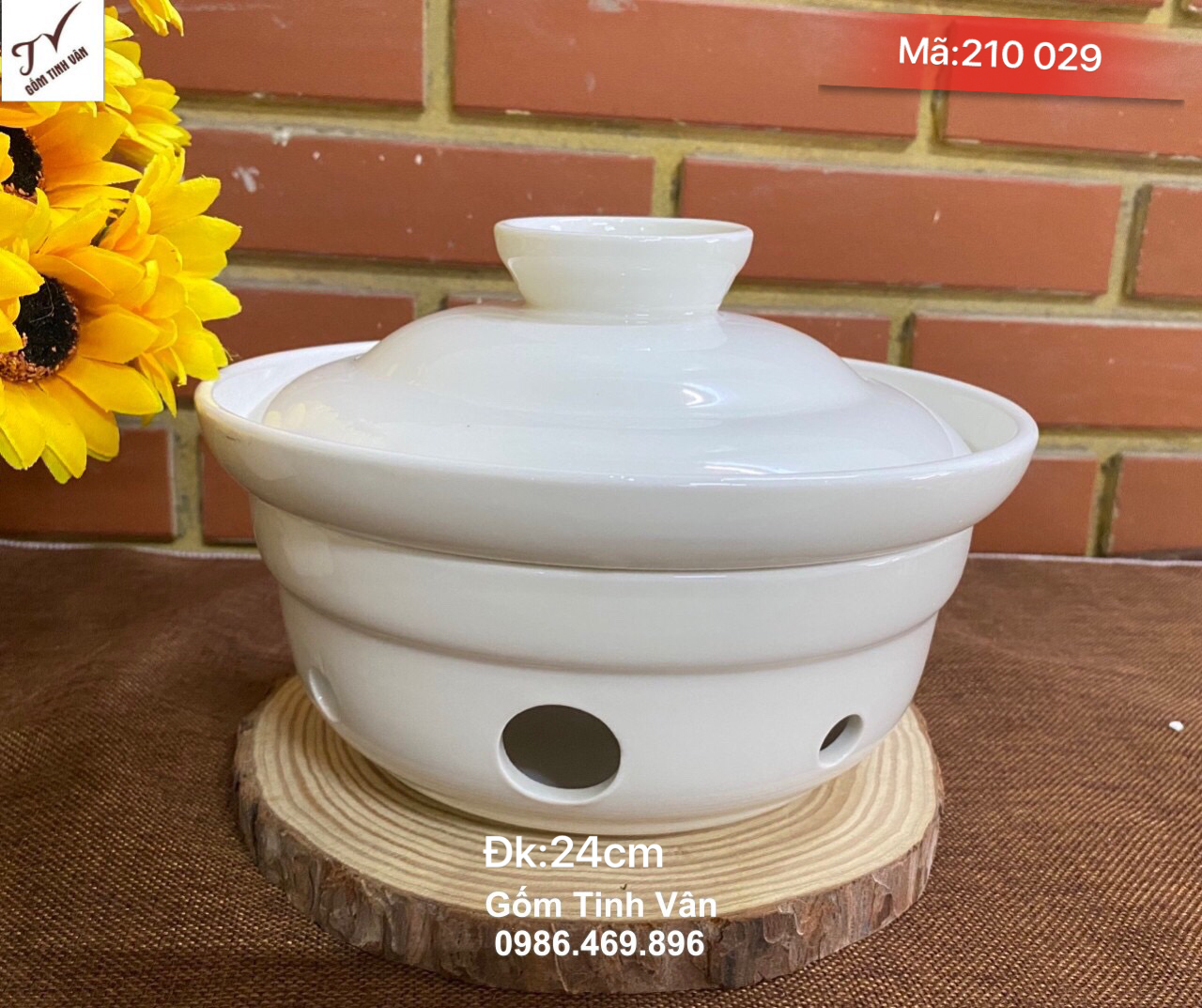 Nồi lẩu sứ trắng bếp đốt cồn đường kính 24 cm, mã 210029, có nắp đậy, sạch sẽ, sang trọng, tiện dụng, bộ bếp lẩu nấu cồn gốm bát tràng cao cấp