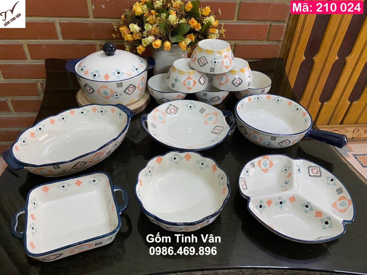 Bộ tô chén đĩa hoa văn, mã 210024, bộ đầy đủ chén cơm, âu cơm, đĩa vuông, đĩa ovan, hoa văn trang nhã, gốm bát tràng cao cấp