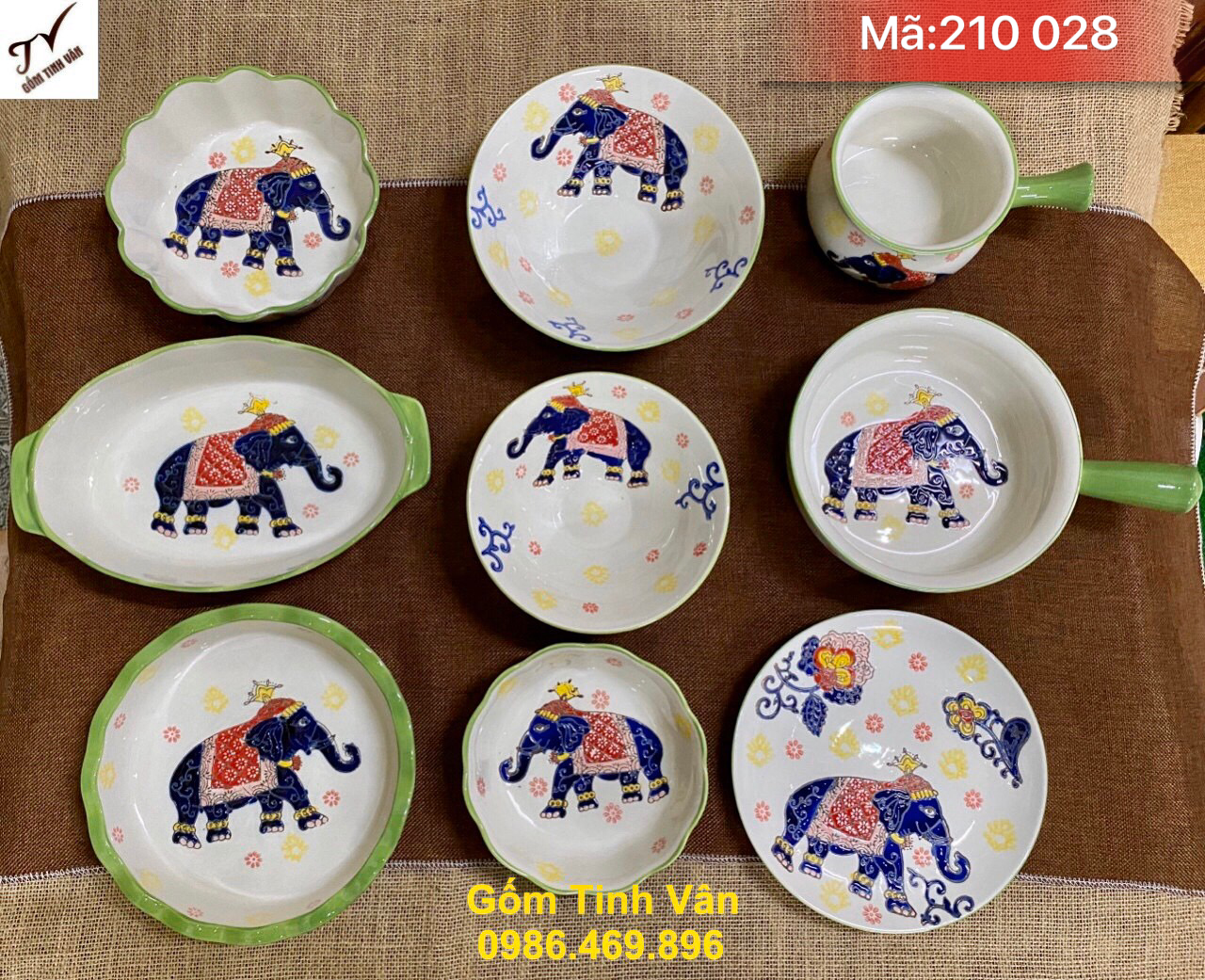 Bộ tô chén đĩa vẽ voi, mã 210028, đĩa tròn, đĩa vuông, ovan, tô có quai cầm các loại, bộ đồ ăn gốm bát tràng