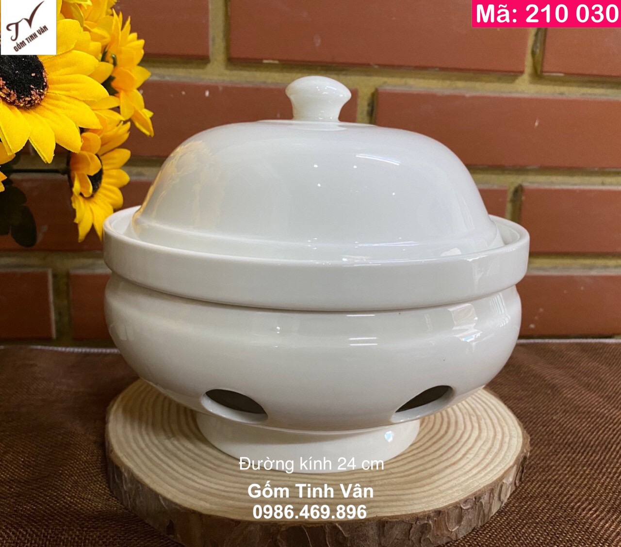 Nồi lẩu sứ trắng bếp đốt cồn nắp vòm, đường kính 24 cm, mã 210030, có nắp đậy, sạch sẽ, sang trọng, tiện dụng, bộ bếp lẩu nấu cồn gốm bát tràng cao cấp