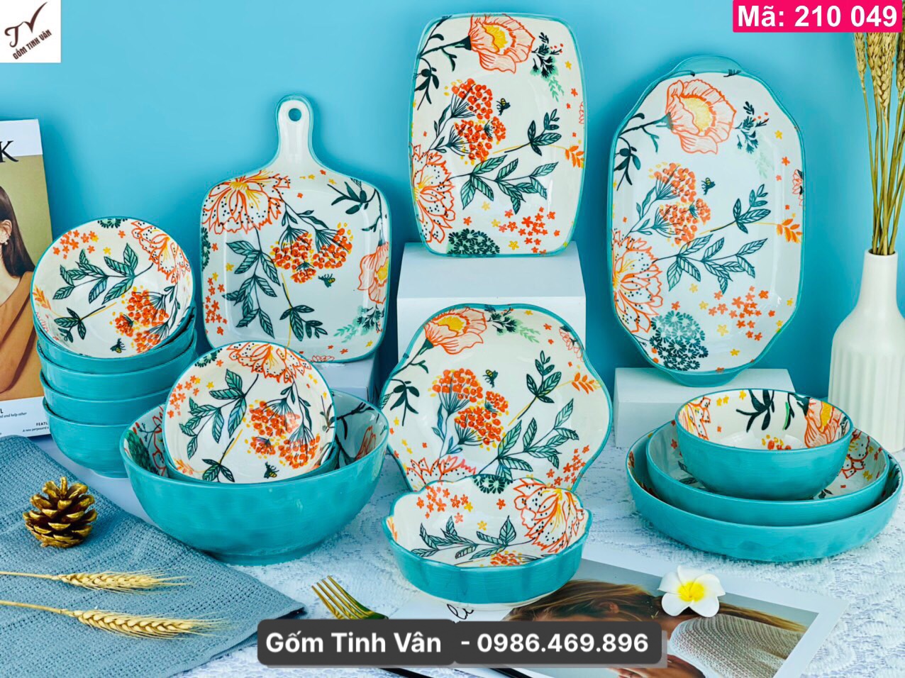 Bộ dinner set 16 món tô chén đĩa gốm sứ, mã 210049, vẽ hoa văn đẹp, men xanh dương, 6 chén cơm, 4 đĩa, 3 tô to, 2 tô nhỏ, gốm tinh vân