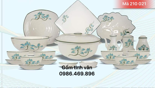 Bộ tô chén đĩa đầy đủ, mã 210021, vẽ tay hoa sen xanh, gốm sứ bát tràng, tinh vân