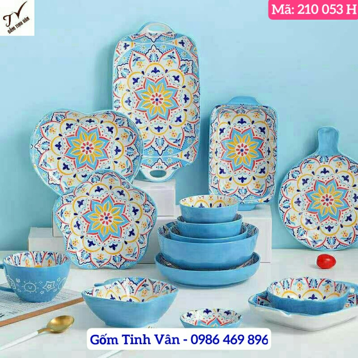 Bộ tô chén đĩa gốm sứ cao cấp men xanh dương, da trời, mã 210053, hoa văn thổ cẩm siêu đẹp, gồm tô, chén, đĩa tròn, hoa, trái tim, chữ nhật, vuông…, gốm tinh vân