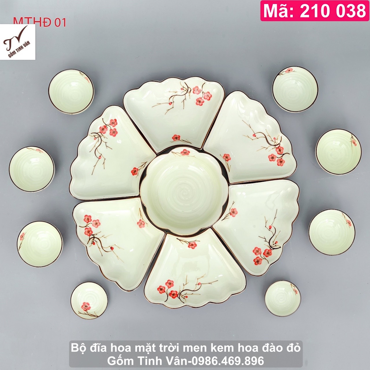 Bộ tô chén đĩa hoa mặt trời, mã 210038, bộ cánh tiên, bộ chiếc lá, men kem hoa đào đỏ, sang trọng, tinh tế, gốm sứ bát tràng tinh vân cao cấp