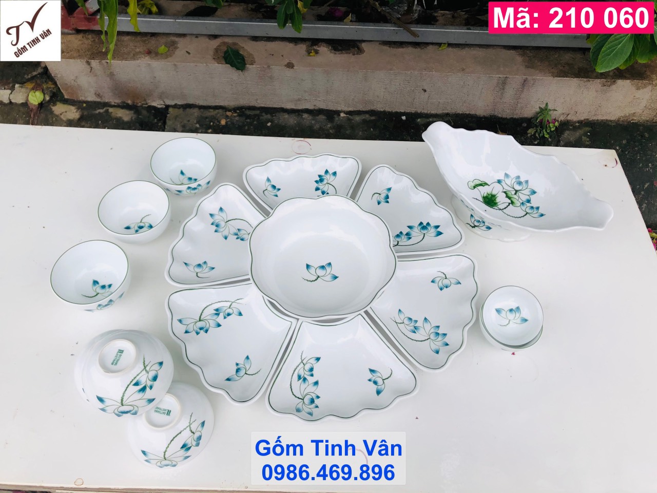Bộ tô chén đĩa mặt trời, mã 210060, men trắng hoa văn xanh lam, đk 45 cm, thêm tô thuyền, hoa văn vẽ tay tinh xảo, bộ bát đĩa cúng cơm, gốm bát tràng tinh vân
