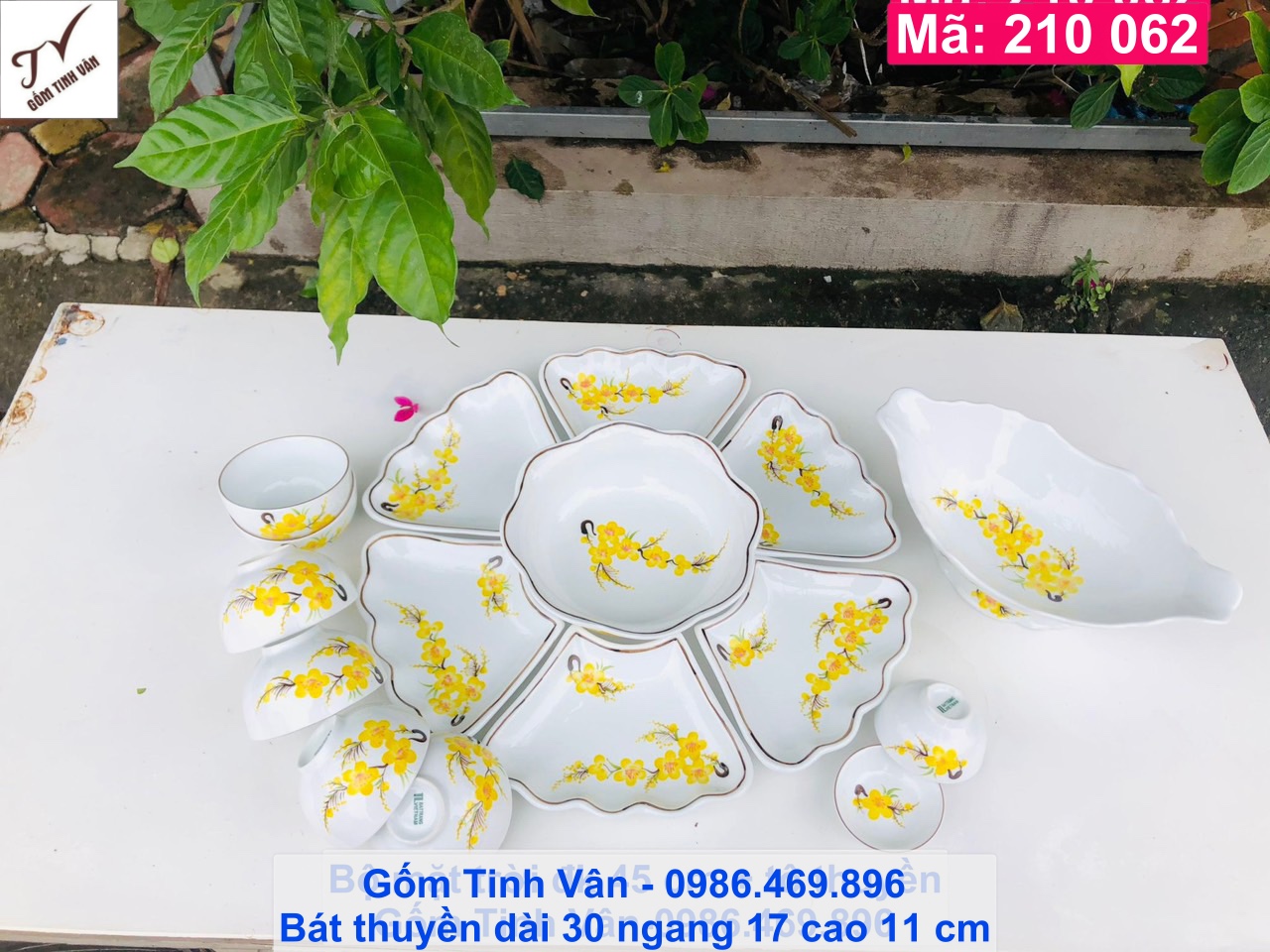 Bộ tô chén đĩa mặt trời, mã 210062, men trắng hoa mai vàng, đk 45 cm, thêm tô thuyền, hoa văn vẽ tay tinh xảo, bộ bát đĩa cúng cơm, gốm bát tràng tinh vân