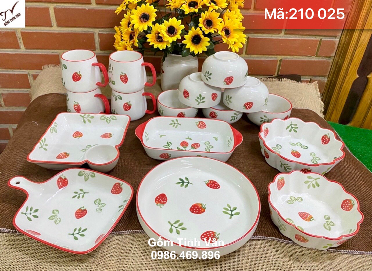 Bộ tô chén đĩa dâu tây cute, mã 210025, men trắng, bộ đồ ăn gốm bát tràng tinh vân cao cấp