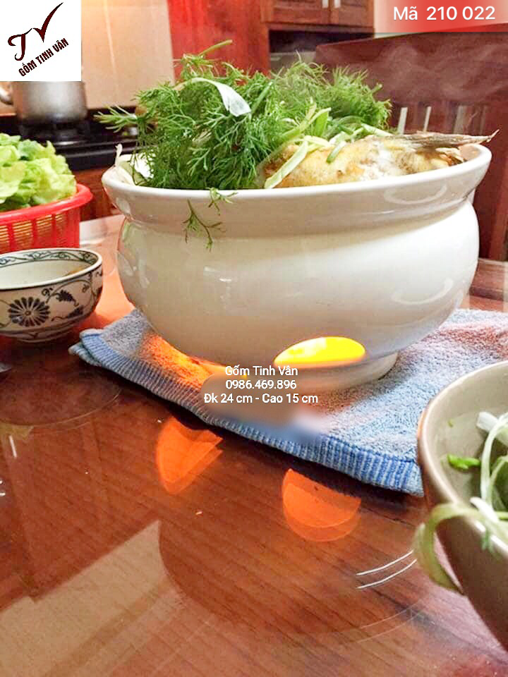 Nồi lẩu sứ trắng, mã 210022, dáng tròn, đk 24 cm cao 15 cm, bếp lẩu đốt cồn, gốm sứ bát tràng, tinh vân