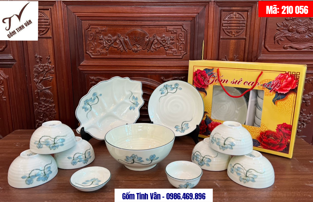 Set quà tặng quà biếu Set bộ đồ ăn, bát đĩa, mã 210056 gồm 6 chén cơm, 1 tô, 2 đĩa, 1 chén chấm, 1 chén muối tiêu men kem hoa  đào, hoa sen vẽ tay, gốm bát tràng tinh vân