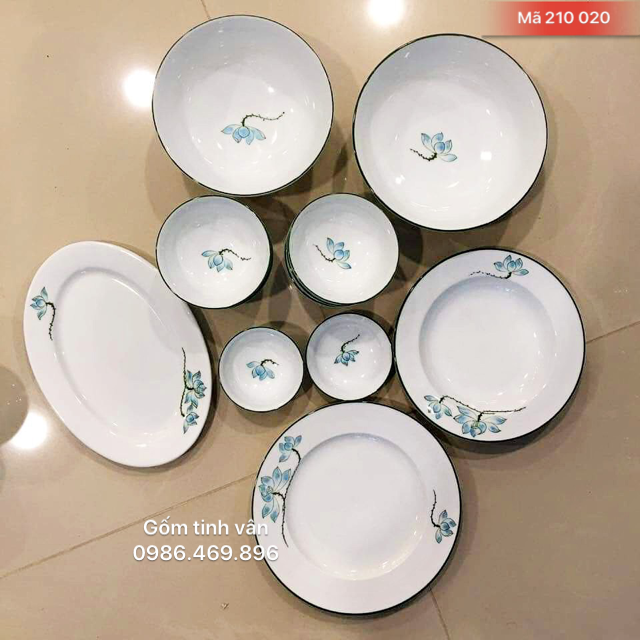 Trọn bộ tô chén đĩa men trắng, mã 210020, vẽ tay hoa sen xanh, gốm bát tràng, tinh vân