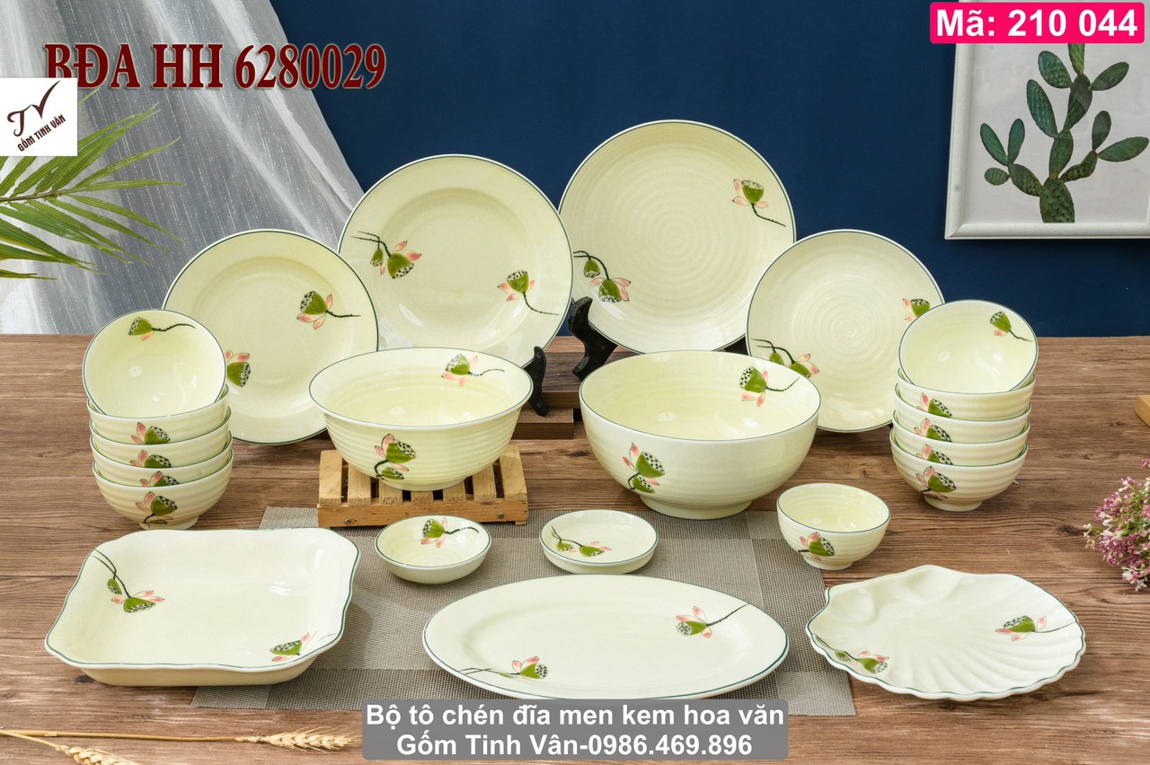 Video 16 mẫu bộ to chén đĩa men kem vẽ hoa văn, mã 210044, dùng cho gia đình, nhà hàng, hoa văn chuồn chuồn, hoa sen xanh, hoa sen vàng kim, lá trúc, bộ đồ ăn sang trọng, gốm sứ bát tràng tinh vân