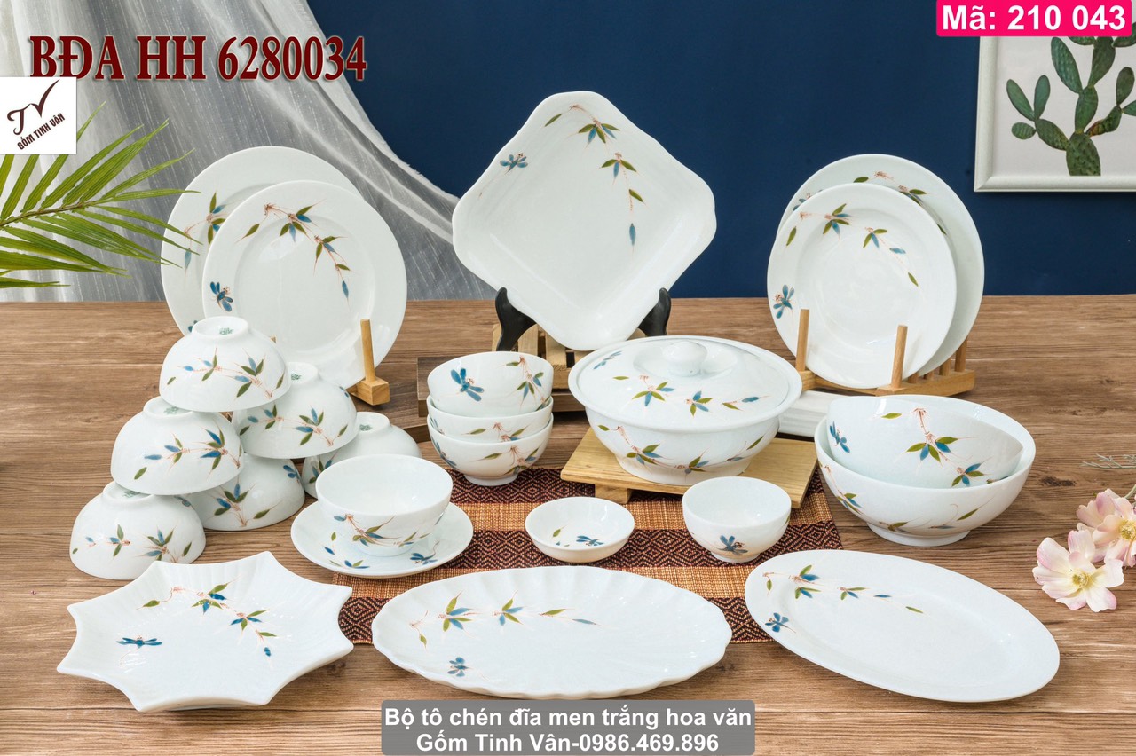 Video 25 mẫu bộ to chén đĩa men trắng vẽ hoa văn, mã 210043, dùng cho gia đình, nhà hàng, hoa văn chuồn chuồn, hoa sen xanh, hoa sen vàng kim, lá trúc, bộ đồ ăn sang trọng, gốm sứ bát tràng tinh vân