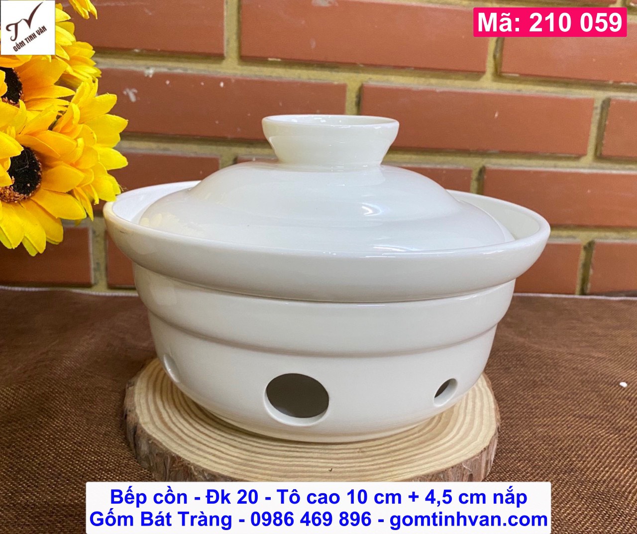 Bếp lẩu đốt cồn, men trắng, mã 210059, đk 20 cm, cao 10 + 4,5 cm nắp, gốm sứ bát tràng tinh vân cao cấp