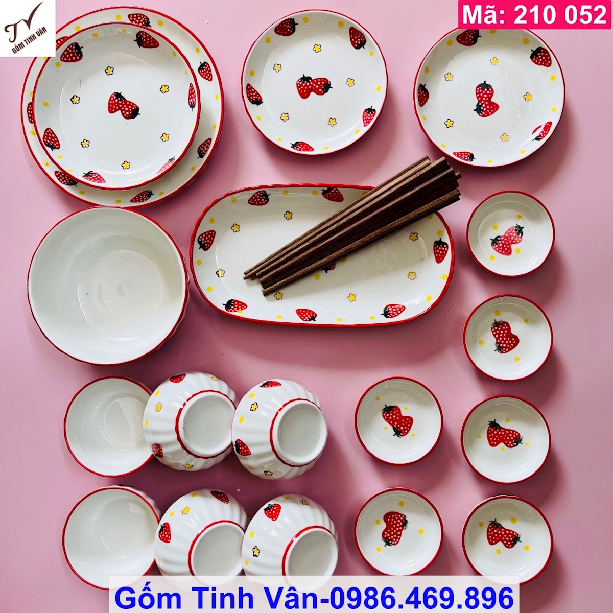 Bộ 18 món tô chén đĩa gốm sứ, dinner set, mã 210052, men trắng hoa văn chery đỏ dễ thương, tặng kèm đũa cao cấp Gốm Tinh Vân