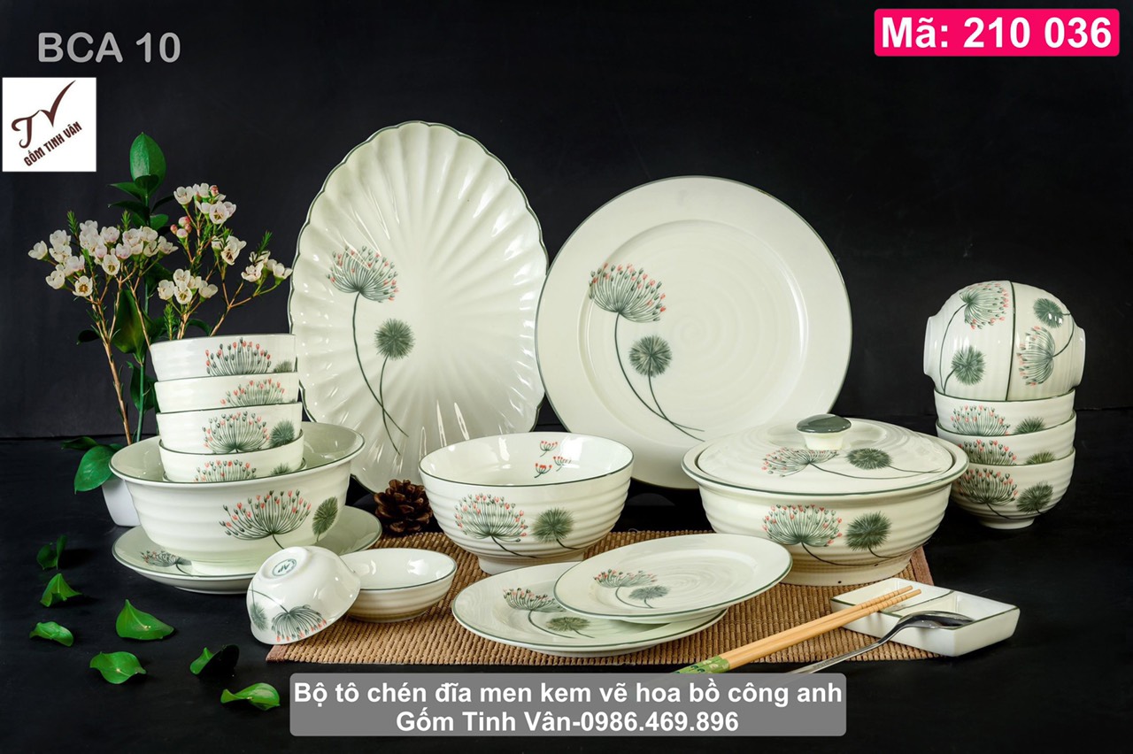 Bộ tô chén đĩa men kem, mã 210036, vẽ tay hoa bồ công anh trang nhã, sang trọng, tinh tế, bộ bàn ăn đẹp, gốm sứ bát tràng tinh vân cao cấp.