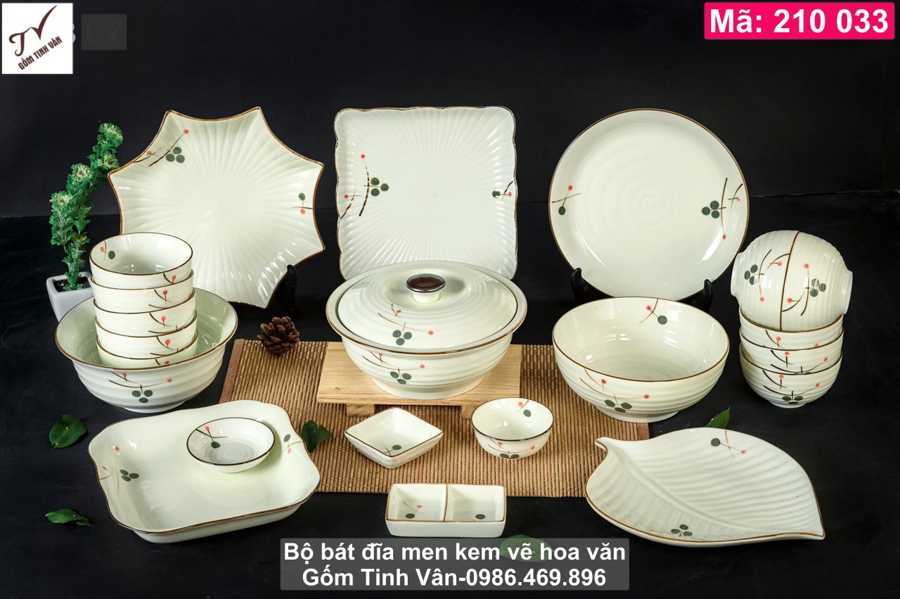 Bộ tô chén đĩa men kem, mã 210033, hoa văn trang nhã, tinh tế, gốm sứ bát tràng tinh vân cao cấp