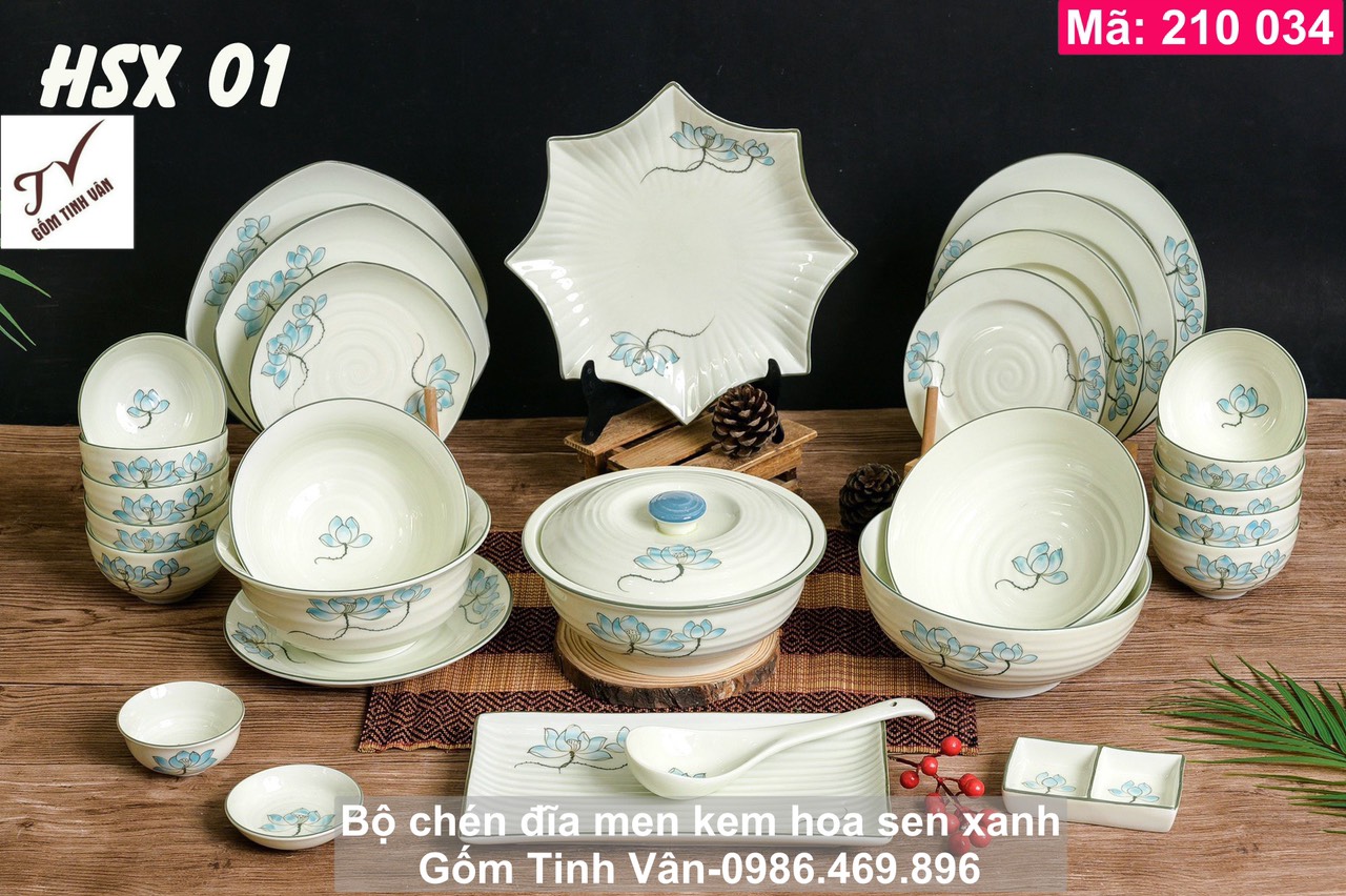 Bộ tô chén đĩa, thố cơm men kem hoa sen xanh, mã 210034, bộ chén đĩa hoa mặt trời, gốm sứ bát tràng tinh vân cao cấp