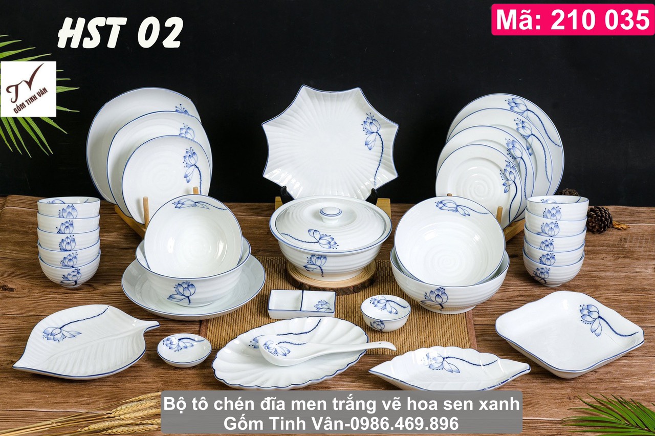 Trọn bộ tô chén đĩa, bộ hoa mặt trời, mã 210035, men trắng hoa sen xanh lam, sang trọng, trang nhã, bộ bàn ăn gốm sứ bát tràng tinh vân cao cấp