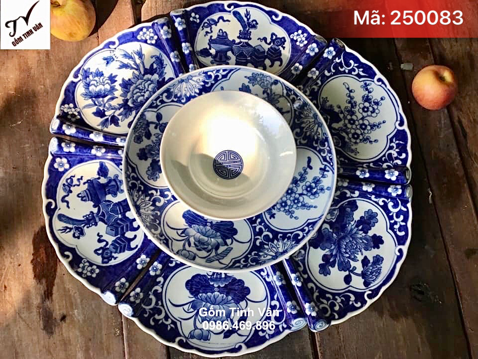 Set bộ đồ ăn mặt trời, mã 250083, hoa văn xanh lam, đk 65 cm, vẽ tay sắc nét, bày đồ ăn tuyệt đẹp, gốm sứ bát tràng cao cấp