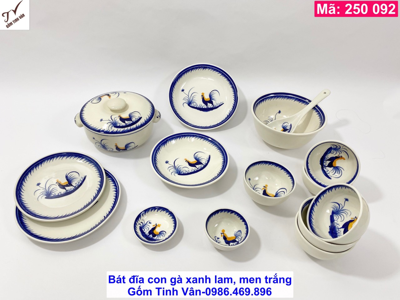 Bộ đồ ăn bát đĩa con gà men xanh lam kiểu cổ xưa, mã 250092, thố cơm, chén cơm, đĩa tròn, muỗng canh, chén chấm, bát đĩa gia đình, nhà hàng, gốm sứ bát tràng tinh vân