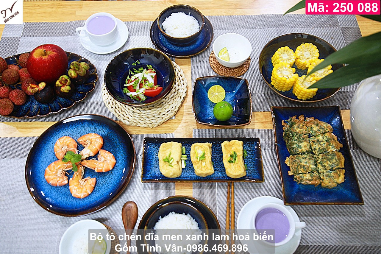 Bộ tô chén đĩa đầy đủ men xanh lam hoa biến, mã 250088, phong cách sang trọng, hiện đại tinh tế, bộ bàn ăn nhà hàng Nhật Bản, Hàn Quốc, gốm sứ bát tràng tinh vân