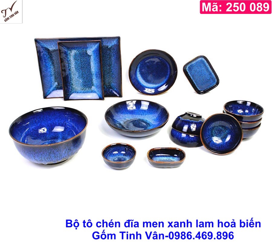 Bộ tô chén đĩa đầy đủ men xanh lam hoa biến, mã 250089, phong cách sang trọng, hiện đại tinh tế, bộ bàn ăn nhà hàng Nhật Bản, Hàn Quốc, gốm sứ bát tràng tinh vân