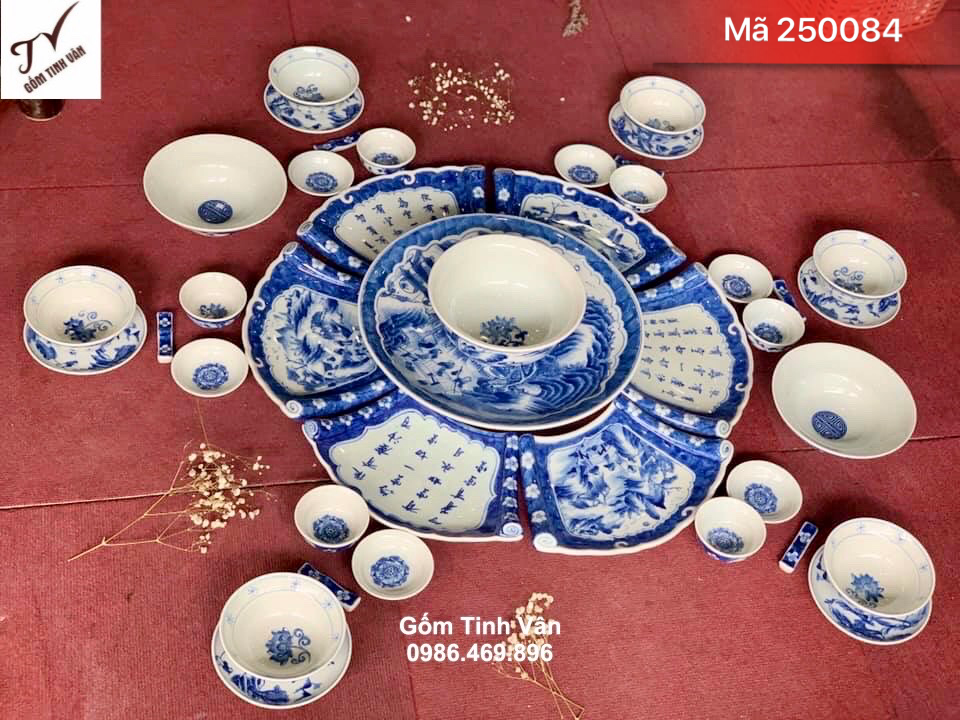 Set bộ đồ ăn mặt trời, mã 250084, hoa văn xanh lam, đk 65 cm, vẽ tay sắc nét, bày đồ ăn tuyệt đẹp, gốm sứ bát tràng cao cấp
