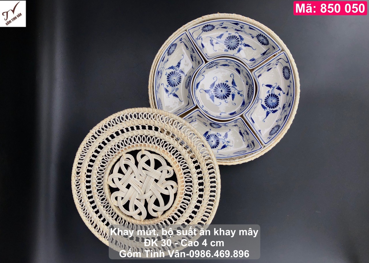 Video 15 mẫu bộ suất ăn khay mây đẹp nhất, vẽ hoa văn sang trọng, mã 850050, gốm sứ bát tràng tinh vân, đường kính 30 cao 4 cm