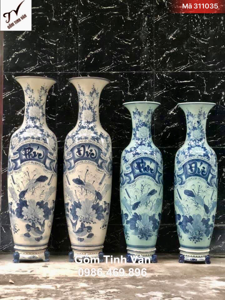 Bộ 2 cặp lục bình phúc đức, mã 311035, cao 1.75 và 1.55 m tính cả chân đế, cặp 1.75m men rạn cổ hoa văn vẽ trơn, cặp 1.55m men xanh ngọc, gốm bát tràng tinh vân cao cấp