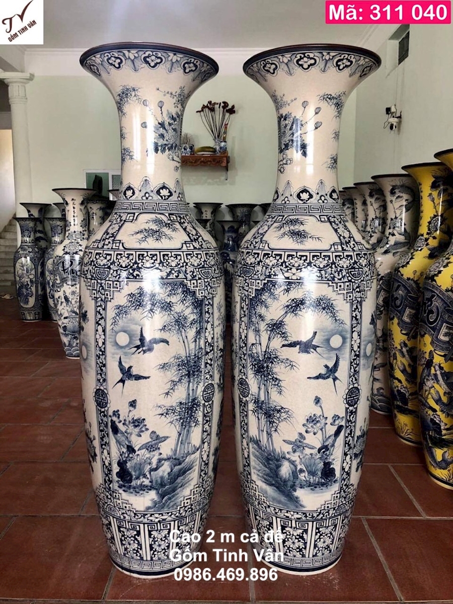 Cặp lọ lục bình men rạn cổ vẽ cảnh tứ quý, mã 311040, xuân hạ thu đông, tùng trúc cúc mai, hoa văn vẽ kỹ tinh xảo, cao 2m cả đế, lọ lộc bình bát tràng cao cấp