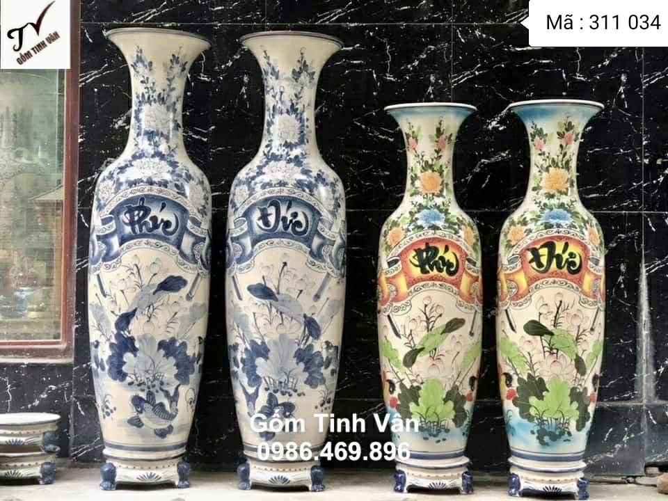 Bộ 2 cặp lục bình phúc đức, mã 311034, cao 1.75 và 1.55 m tính cả chân đế, cặp 1.75m men rạn cổ hoa văn vẽ trơn, cặp 1.55m men bóng vẽ màu, gốm bát tràng tinh vân cao cấp