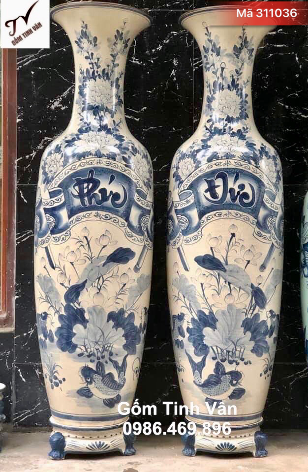 Cặp lục bình phúc đức rạn cổ vẽ trơn mã 311036, hoa văn vẽ kỹ, cao 1.75m cả đế, bình phong thuỷ cao cấp, gốm bát tràng tinh vân