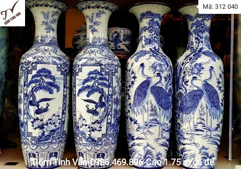 Bộ 2 cặp lọ lục bình 1,75 m cả đế, mã 312040, hoa văn xanh lam cô ban, vẽ tay sắc nét, cảnh tứ quý xuân hạ thu đông, và cảnh tùng hạc, gốm bát tràng, tinh vân