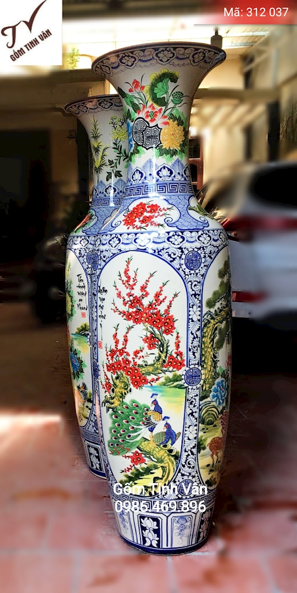 Lọ lộc bình tứ quý, xuân hạ thu đông, mã 312037, phối màu, hoa văn vẽ kỹ, tinh xảo, cao 1,75m cả chân đế, gốm bát tràng, tinh vân