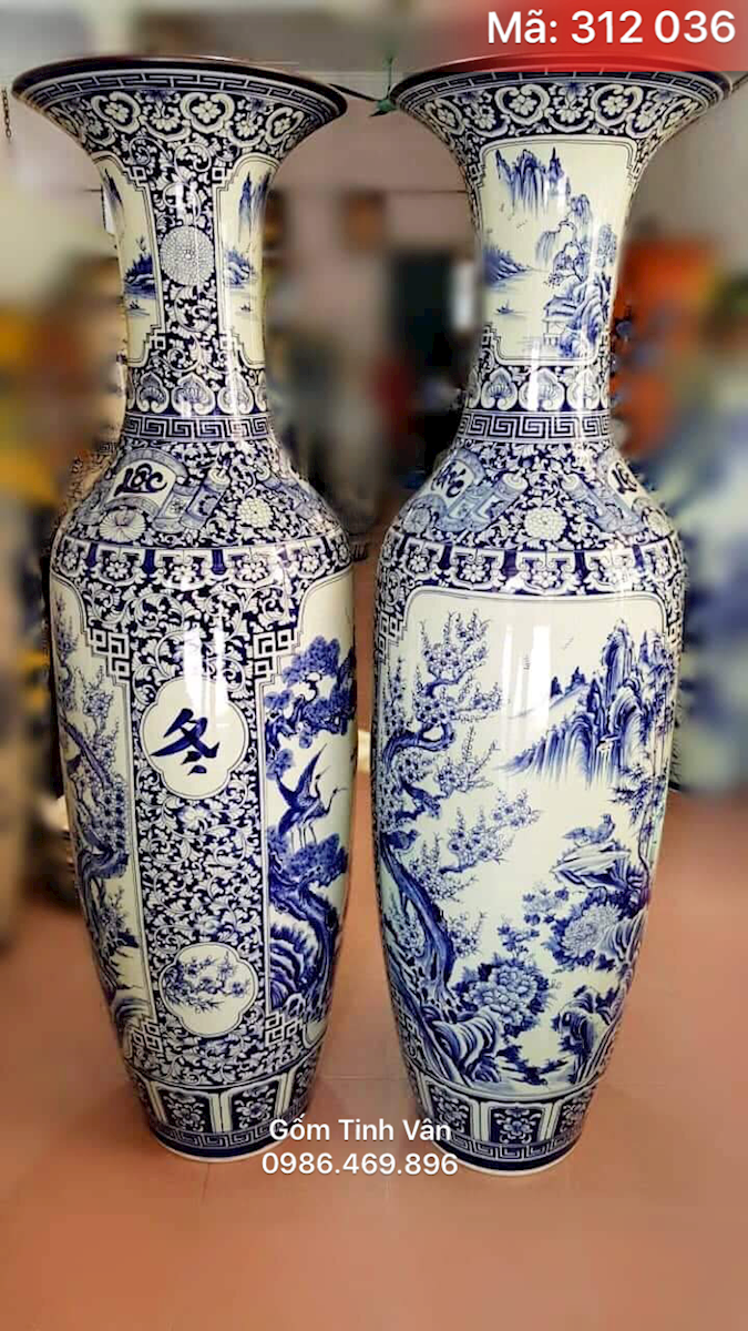 Lọ lộc bình sơn thủy hữu tình nhị cảnh, mã 312036, hoa văn xanh lam vẽ kỹ, cao 1.75m cả đế, gốm bát tràng, tinh vân