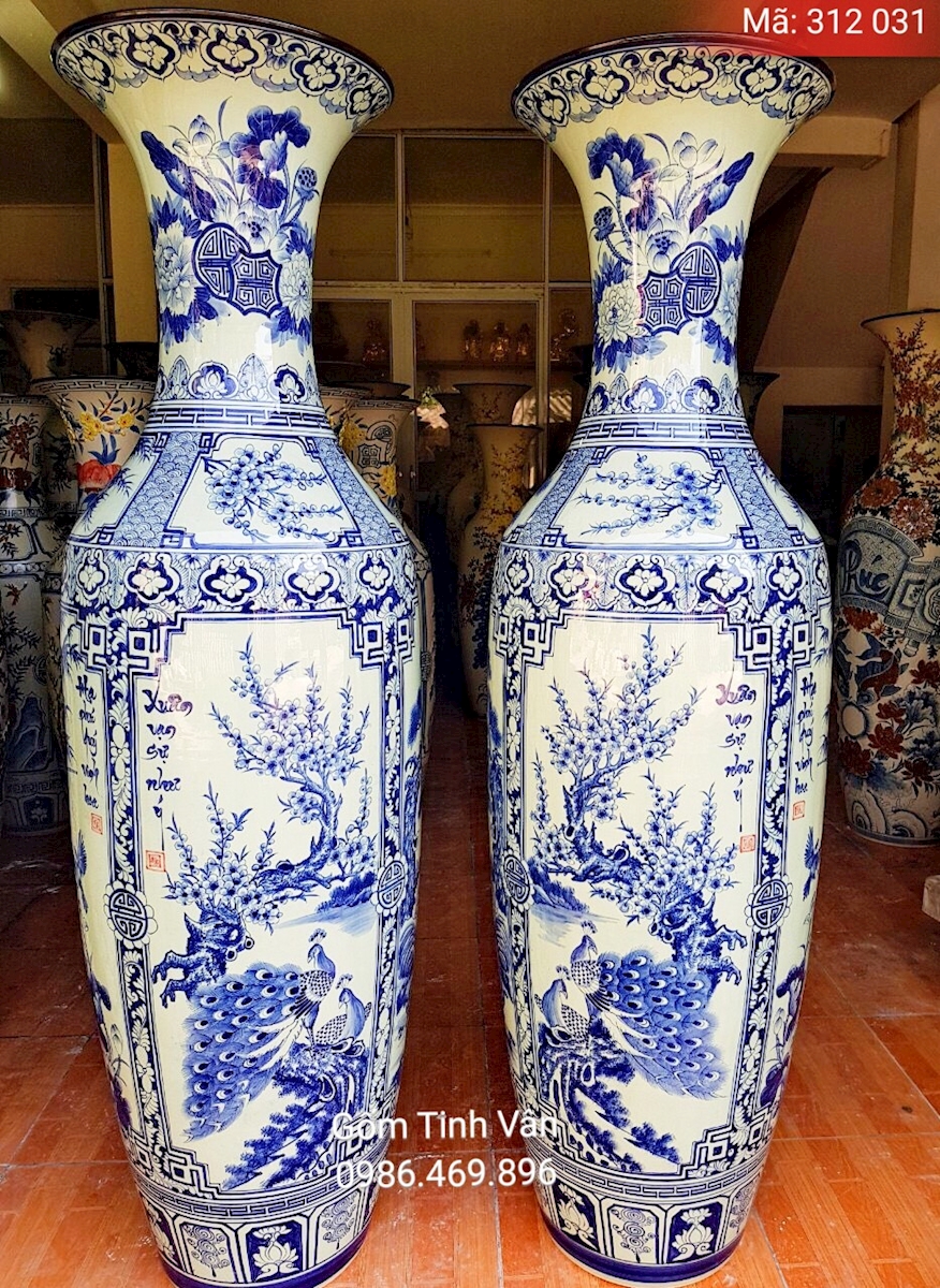 Lọ lục bình tứ quý tùng trúc cúc mai, mã 312031, 1.75 m men trắng vẽ xanh lam vẽ kỹ, gốm bát tràng, tinh vân