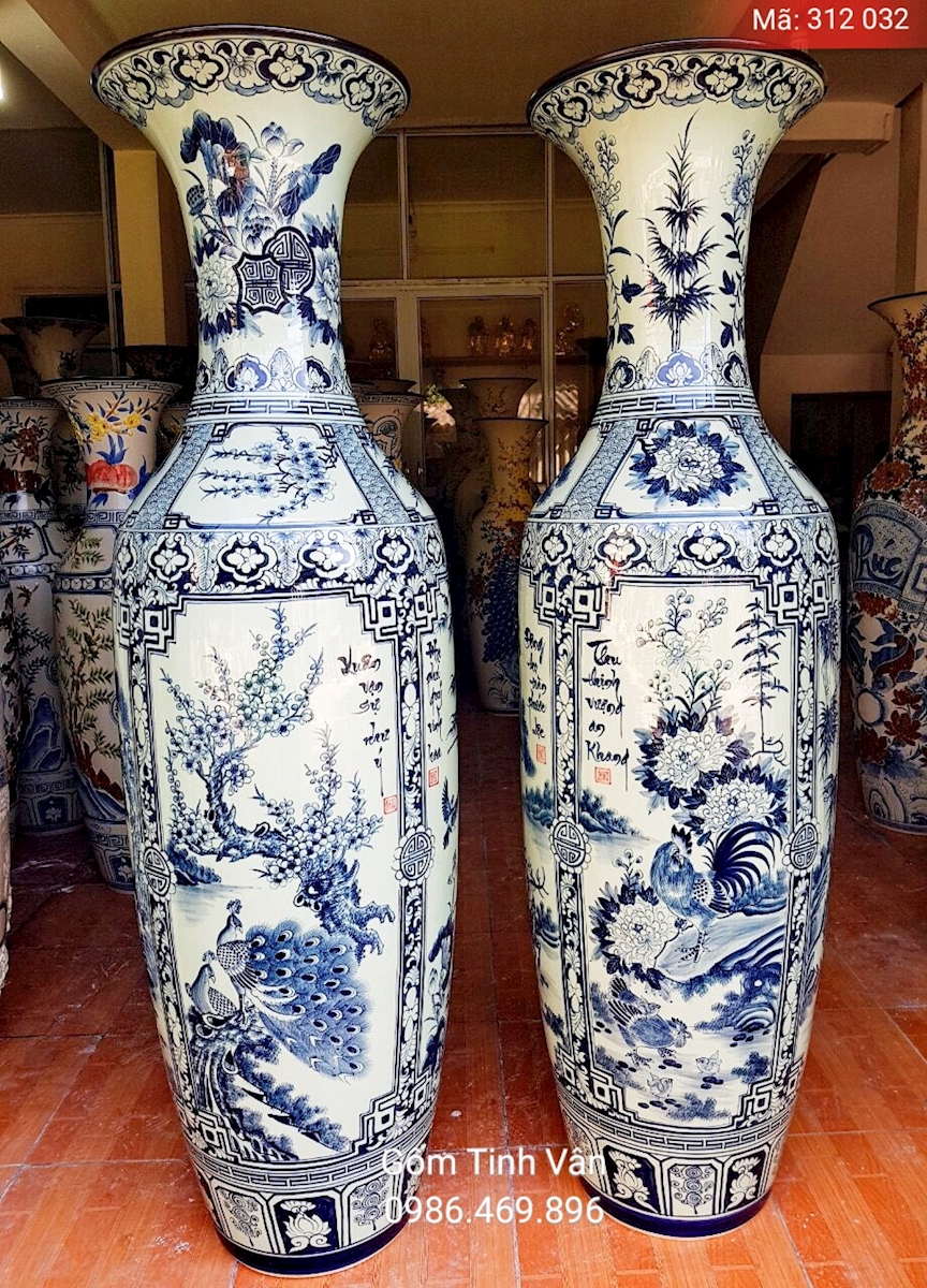 Lọ lục bình tứ quý tùng trúc cúc mai, mã 312032, 1.75 m men trắng vẽ xanh lam vẽ kỹ, gốm bát tràng, tinh vân