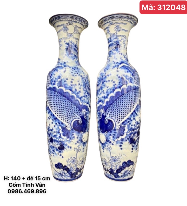 1 chiếc Lọ lục bình, mã 312048 cao 1,4m + đế 15 cm, xanh lam, cảnh cá chép hoa sen, lý ngư vọng nguyệt, gốm bát tràng tinh vân