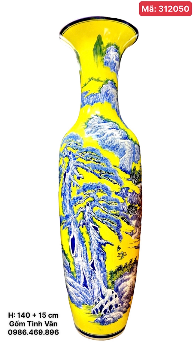 1 chiếc lọ lục bình, mã 312050 cao 140 + đế 15 cm, men vàng , cảnh sơn thuỷ hữu tình, gốm sứ bát tràng tinh vân